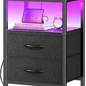 Chevet avec Station de Charge USB et Lumières LED – Table de Nuit Noire 2 Tiroirs