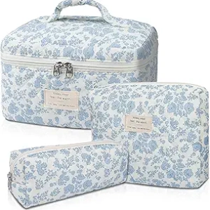 Lot de 3 Trousses de Maquillage Quilted Fleurs - Sac Cosmétique Coton Femme