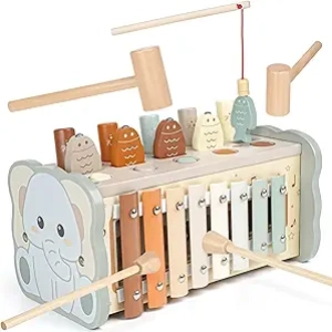 Jouet Montessori en Bois 1 an - Jeu de Marteau, Xylophone & Pêche Magnétique