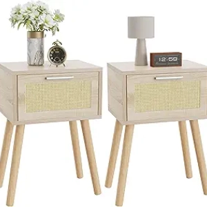 Table de Nuit YMYNY Set de 2 - Table Basse Design Rotin Naturel