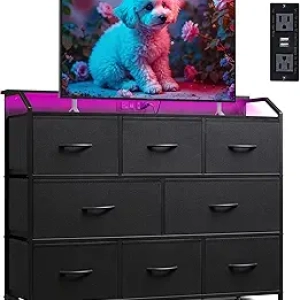 Commode LED 8 Tiroirs avec Support TV - Meuble de Rangement Design Noir