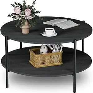 Table Basse Ronde 79cm Grise - Design Moderne 2 Étages avec Rangement