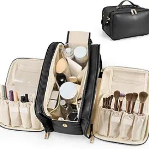 Grand Sac de Maquillage Femme Noir - Organiseur Cosmétique Étanche avec Porte-Pinceaux
