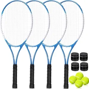 Lot de 4 Raquettes de Tennis Adulte 27" Pré-Cordées avec Balles et Surgrips