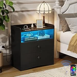 Table de Nuit avec Station de Charge USB, Lumière LED RGB et Tiroirs