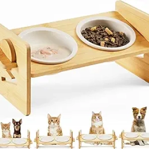 Gamelles Élevées pour Chat Céramique 15° - Anti Vomissement avec Bambou