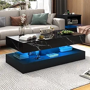 Table basse LED 47,2" noire design marbre avec tiroirs coulissants