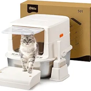 Litière Fermée Chat iPettie S01 20L - Acier Inoxydable, Filtre Charbon Odeur