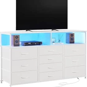 Commode TV 55 pouces 10 tiroirs blanc avec LED RGB et prises USB