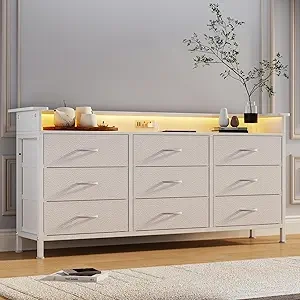 Commode Blanche 9 Tiroirs avec Éclairage LED et Station de Charge