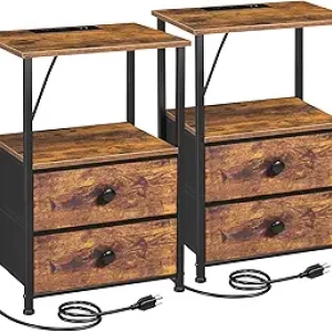 Table de Nuit avec Station de Charge - Lot de 2 Tables de Chevet Rustic Brown