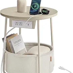 Table de chevet ronde VASAGLE LILEA avec station de charge USB et panier en tissu