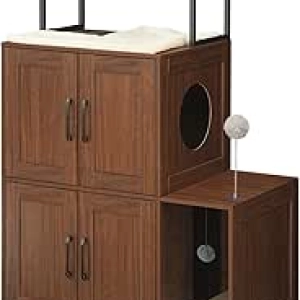 Meuble Litière Chat HOOBRO 2-en-1 : Enclos Design Noyer avec Rangement
