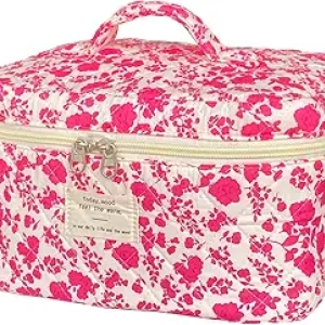 Trousse de Toilette Fleurie Rose Matelassée - Sac Cosmétique Femme Grande Capacité