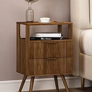 Table de nuit moderne 2 tiroirs avec étagère - Design scandinave bois massif