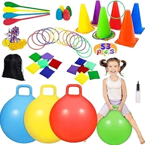 Jeux de Carnaval Extérieurs 53 Pcs - Balles à Sauter, Anneaux et Jeux de Plein Air