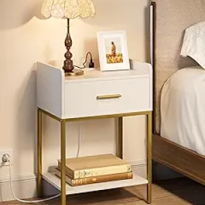 Table de nuit avec chargeur intégré - Meuble blanc moderne 3 niveaux