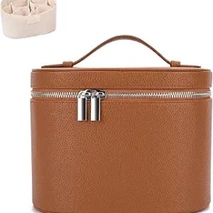 Trousse de Maquillage en Cuir Marron avec Compartiments - Sac Cosmétique de Voyage pour Femme