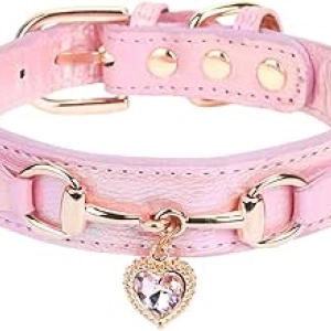Collier Chien Fashion Rose avec Strass et Charm Cœur - Cuir PU Ajustable Taille M