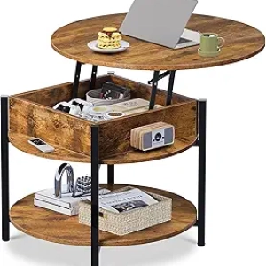 Table Basse Relevable Ronde avec Rangement - Style Fermette | WLIVE