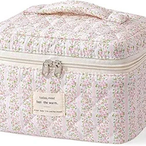 Trousse de Maquillage Quilted Floral - Grande Capacité avec Poignée