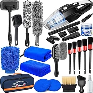 Kit Complet Nettoyage Voiture 26 Pièces avec Aspirateur et Brosses Détailing