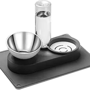 Gamelle Chat et Chien 2-en-1 Surélevée avec Fontaine - Bol Inox Incliné 15° + Bouteille 500ml