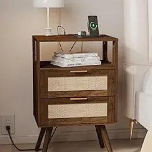 Table de Nuit Rotin Marron avec Station de Charge - Style Fermette
