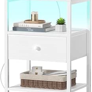Table de nuit blanche avec station de charge USB et LED - BOLUO