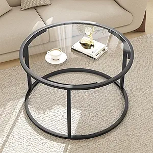 Table Basse Ronde 27" Verre Noir - Design Moderne Minimaliste avec Cadre Métal