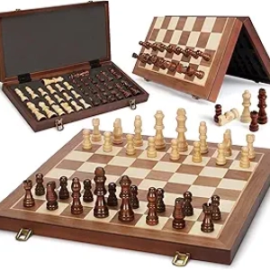 Jeu d'Échecs Magnétique en Bois 15" Pliable - Plateau Portable avec Rangement