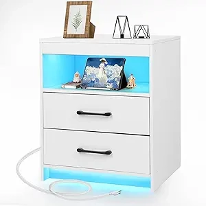 Table de Nuit avec Station de Charge USB-C, LED et 2 Tiroirs