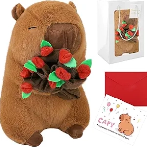 Peluche Capybara 30 cm avec Fleur - Cadeau Idéal Saint-Valentin et Anniversaire
