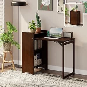Bureau Pliable Bambou pour Petit Espace - Bureau Informatique Rangement Intégré